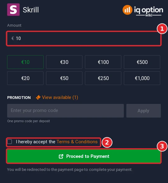 The Skrill deposit form with the amount, terms box and Proceed to Payment button