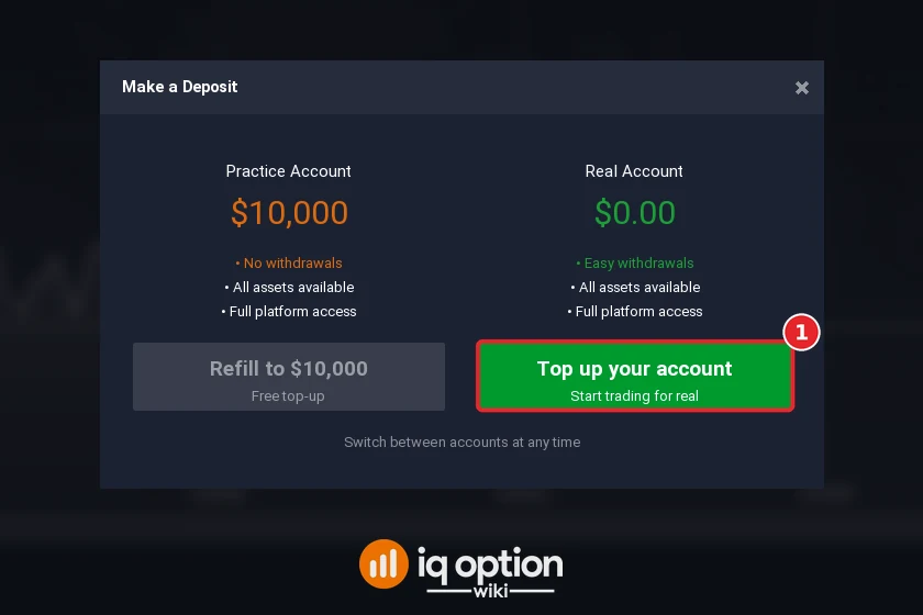 Step 2: Top up your account in the Make a Deposit window; the real account starts at zero