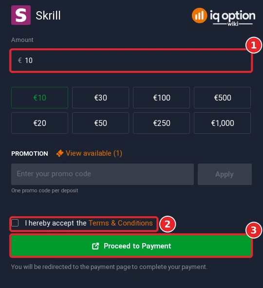 The Skrill deposit form with the amount, terms box and Proceed to Payment button