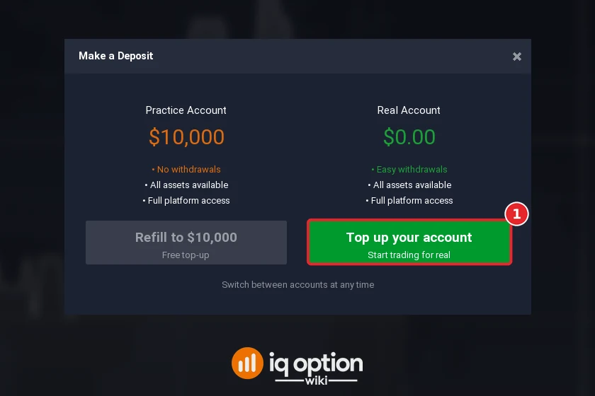 Step 2: Top up your account in the Make a Deposit window; the real account starts at zero