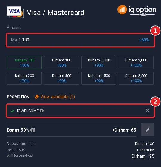 Step 5: a 130 dirham card deposit with the IQWELCOME bonus code applied