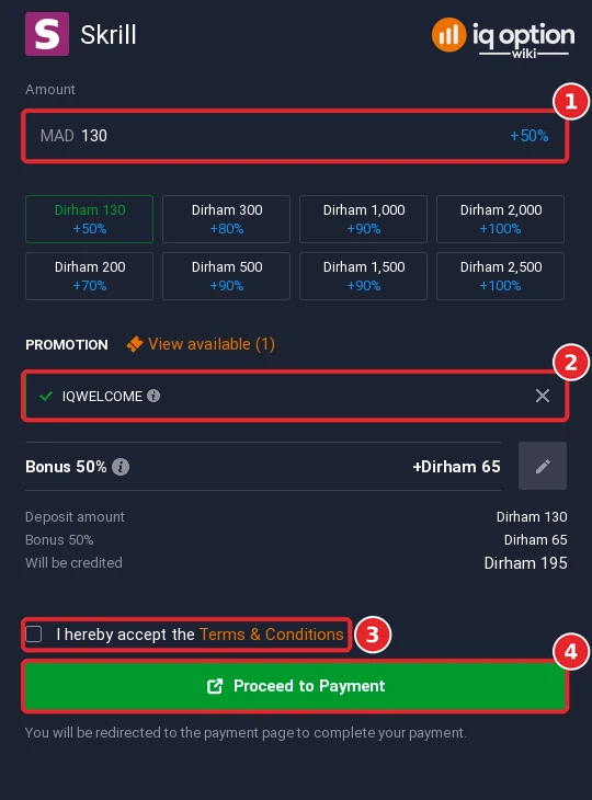 Skrill deposit on IQ Option in Morocco: amount, bonus code, terms and Proceed to Payment