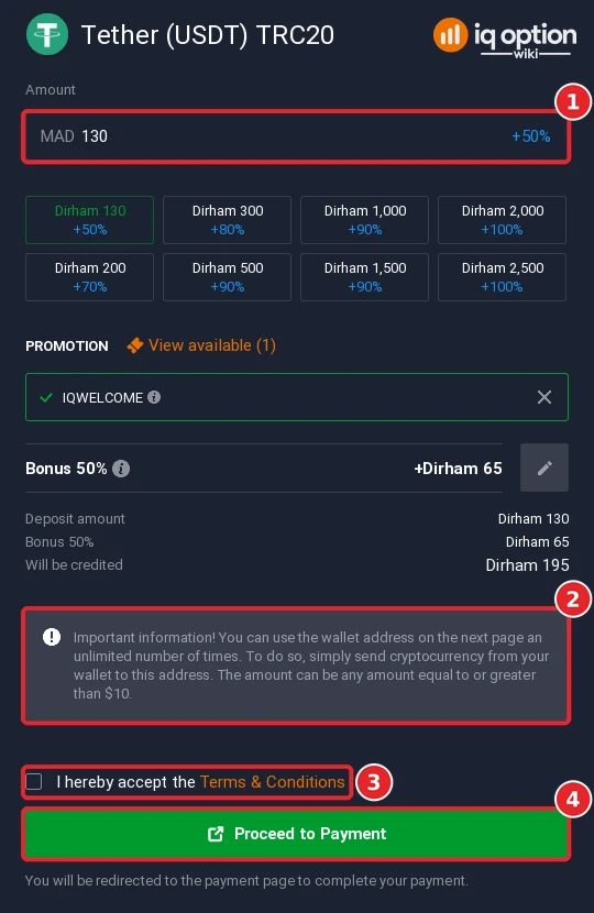 Tether (USDT) TRC20 deposit on IQ Option in Morocco: amount, reusable address note, terms
