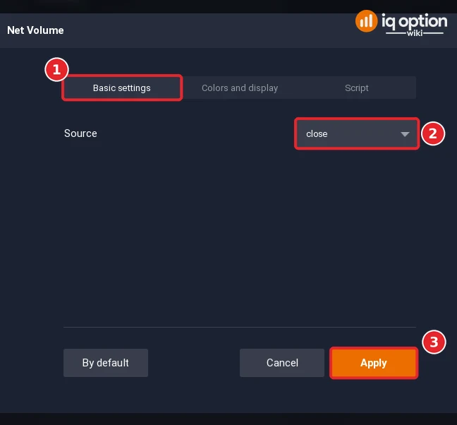 Net Volume dialog with the Basic settings tab (1), Source close (2) and the Apply button (3)