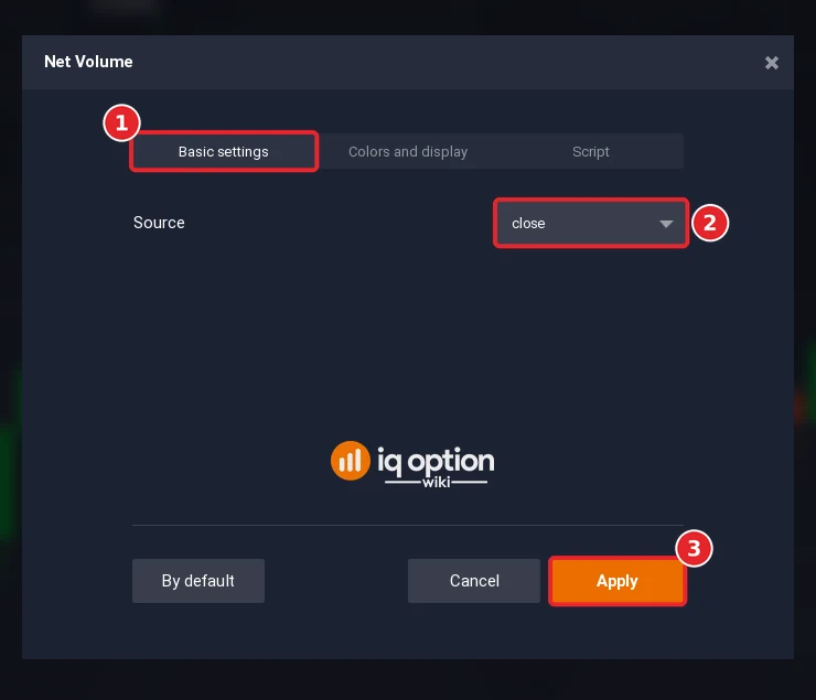 Net Volume dialog with the Basic settings tab (1), Source close (2) and the Apply button (3)