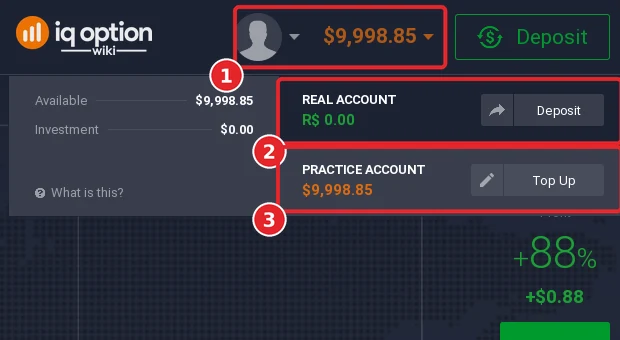 IQ Option balance menu: the real account with R$ 0.00 and a Deposit button, and the Practice account with a Top Up button