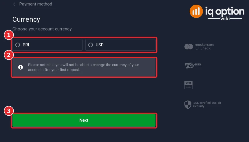 IQ Option cashier currency step: choose BRL or USD, with the notice that the currency cannot be changed after the first deposit