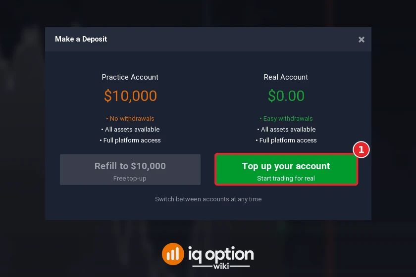 Step 2: Top up your account in the Make a Deposit window; the real account starts at zero