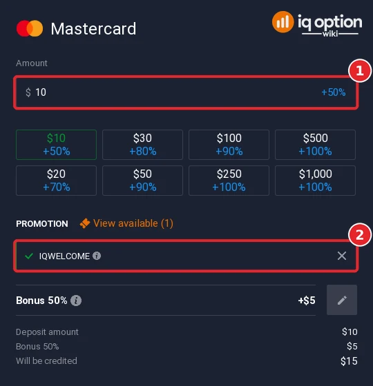 Step 5: a 10 dollar Mastercard deposit with the IQWELCOME bonus applied