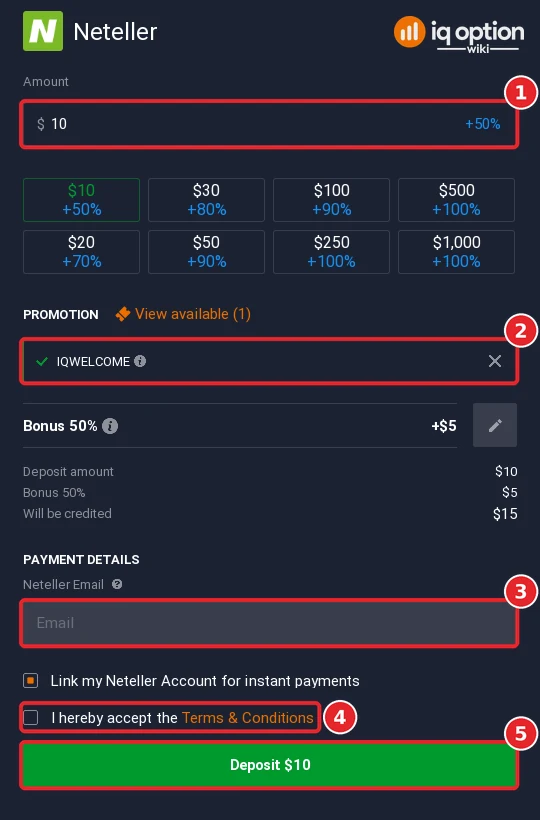 The Neteller deposit form with the amount, bonus code, Neteller email field, terms box and Deposit button