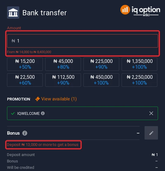 Bank transfer accepts 14,000 to 8,400,000 naira on IQ Option; the bonus starts at 13,000 naira