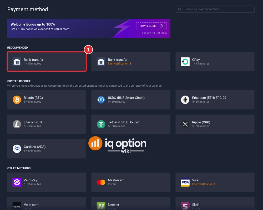 Step 3: the IQ Option cashier for Nigeria, with Bank transfer selected