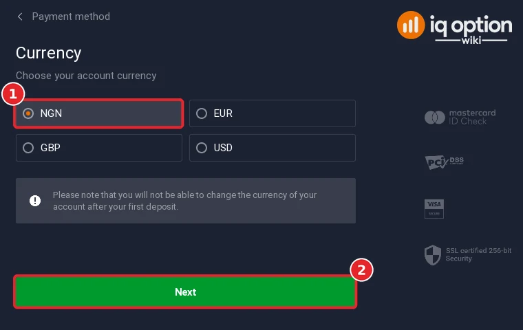 Step 4: choosing NGN as the account currency in the IQ Option cashier