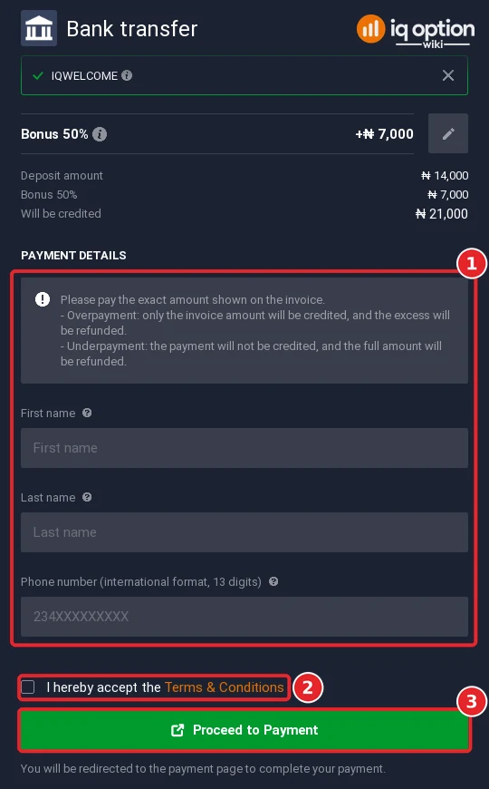 Step 6: Nigerian bank transfer details on IQ Option: exact-amount note, name and phone number