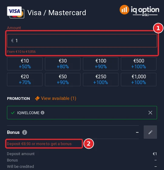 Typing 1 euro shows the card range from 10 to 9,856 euros and the bonus threshold