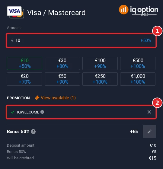 Step 5: a 10 euro card deposit with the IQWELCOME bonus applied