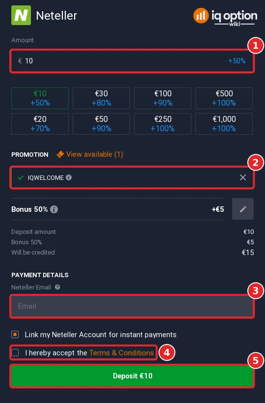 The Neteller deposit form with the amount, bonus code, Neteller email field, terms box and Deposit button
