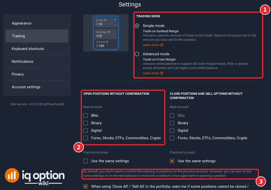 IQ Option Settings, Trading tab, with Simple mode (isolated margin), Advanced mode (cross margin) and the Open positions without confirmation checkboxes