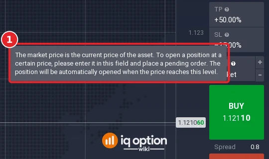 IQ Option help text of the Price field in the margin order panel explaining that entering a price places a pending order that opens automatically when the price reaches the level