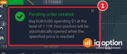 IQ Option notification Pending order created: Buy EUR/USD spending $1 at the level of 1.119, the position will be opened automatically when the price is reached