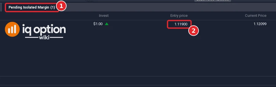 IQ Option Pending Isolated Margin tab of the positions panel listing a EUR/USD pending order with invest $1.00 and entry price 1.11900