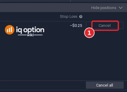 IQ Option pending order row with a Cancel button next to the stop loss of -$0.25 and a Cancel all button below