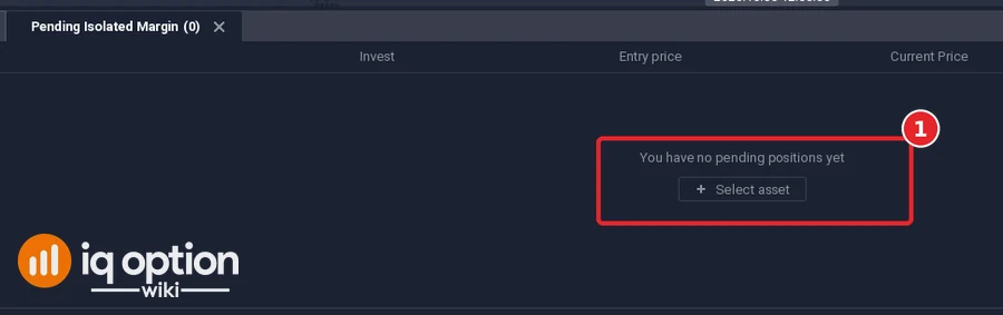 IQ Option Pending Isolated Margin tab with zero orders and the message You have no pending positions yet