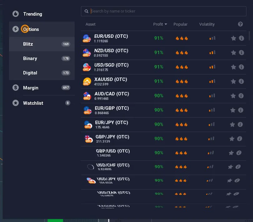 IQ Option options assets: Blitz 169, Binary 178, Digital 173 with profit and popularity