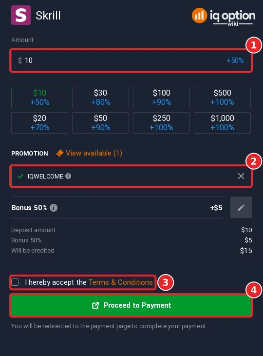 The Skrill deposit form with the amount, bonus code, terms box and Proceed to Payment button