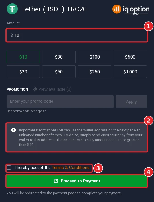 The Tether (USDT) TRC20 deposit form with the wallet-address note and Proceed to Payment button