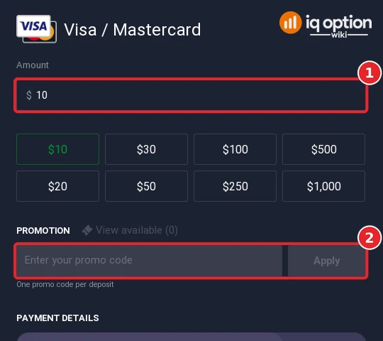 Step 5: a 10 dollar card deposit; the promotion box is an empty promo-code field with no offer available