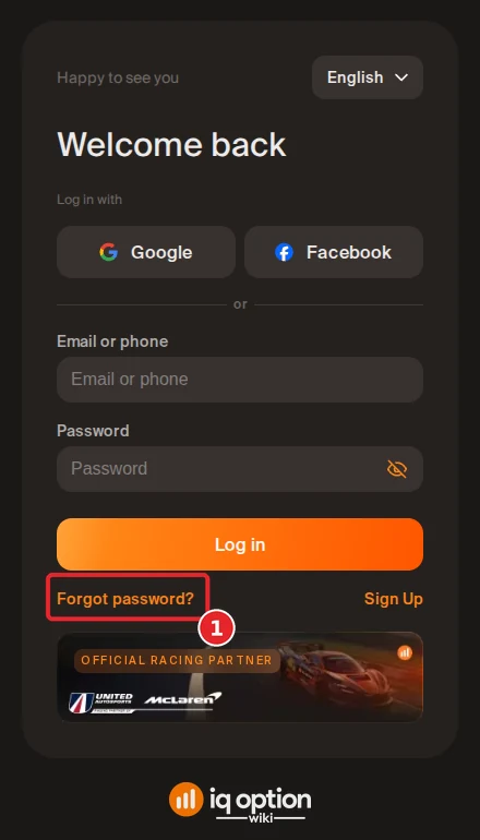IQ Option login page Welcome back with the Forgot password link below the Log in button