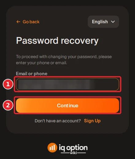 IQ Option Password recovery page with the Email or phone field and the Continue button