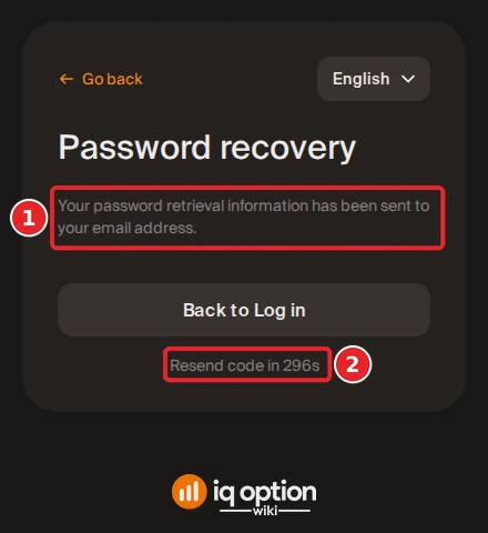 IQ Option Password recovery page saying the retrieval information was sent to the email address, with a resend countdown