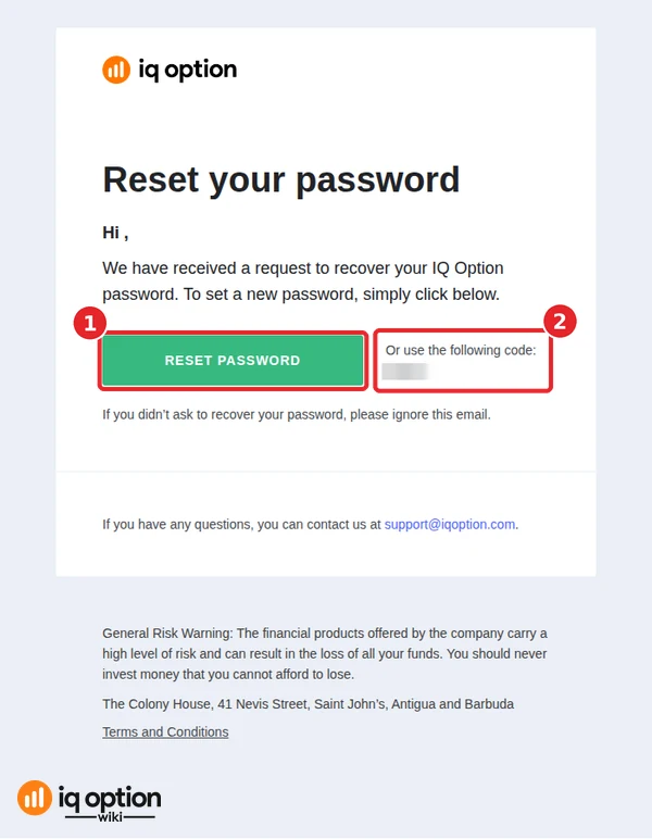 IQ Option Reset your password email with the RESET PASSWORD button and a one-time code