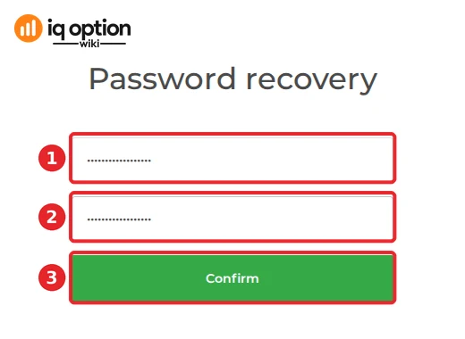 IQ Option Password recovery page with the New password and Repeat password fields and the Confirm button