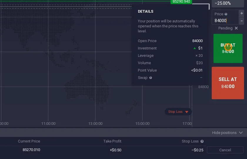 IQ Option pending order details: opens automatically when the price reaches 84000