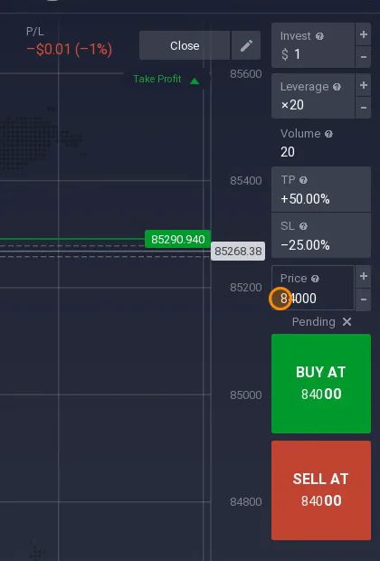 IQ Option pending order: price set to 84000 with Buy at and Sell at buttons