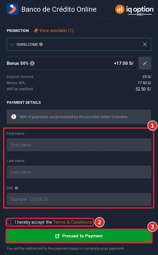 Banco de Crédito Online payment details on IQ Option: name and DNI