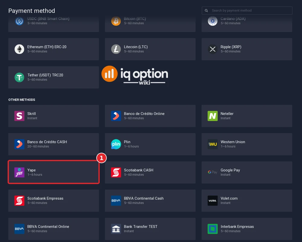 Step 3: the IQ Option cashier for Peru, with Yape selected