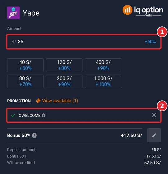 Step 5: a Yape deposit of S/ 35 with the IQWELCOME bonus code