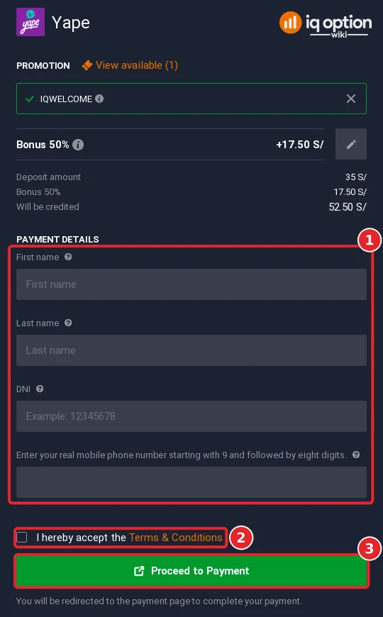 Step 6: Yape payment details on IQ Option: name, DNI and mobile number