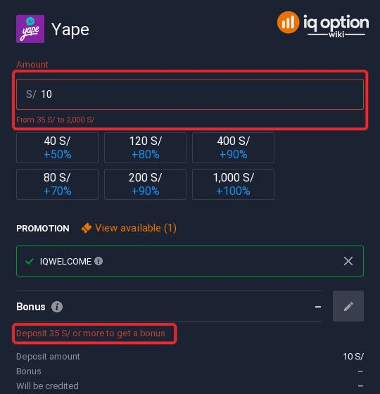 Yape accepts S/ 35 to S/ 2,000 on IQ Option; the bonus starts at S/ 35