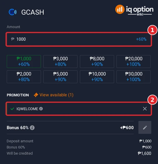 Step 5: a GCash deposit of 1,000 pesos with the IQWELCOME bonus code (+60%)