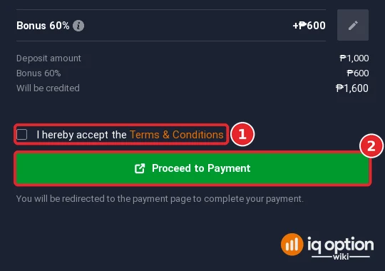 Step 6: accept the terms and click Proceed to Payment; GCash needs no other details on IQ Option