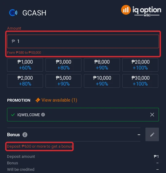 GCash accepts 580 to 50,000 pesos on IQ Option; the bonus starts at 630 pesos