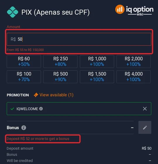 IQ Option PIX amount check: from R$55 to R$150,000, bonus from R$52