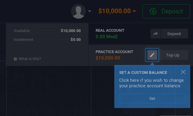 IQ Option balance menu with the $10,000 Practice account, Top Up and the real account