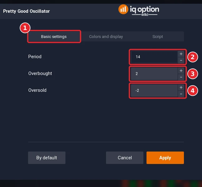Pretty Good Oscillator dialog on the Basic settings tab (1) with 3 settings (2 to 4)