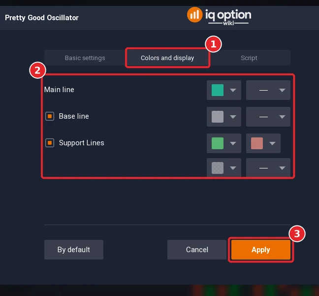 Pretty Good Oscillator dialog on the Colors and display tab (1) with the colour rows (2) and the Apply button (3)